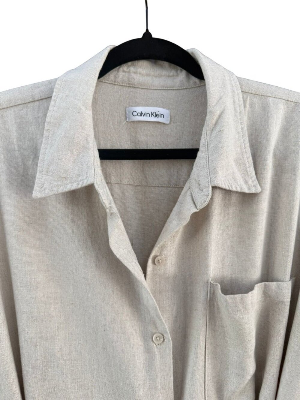 Calvin Klein Linen Blend Shirt Dress Belted Midi Beige Button Front Women's M - Picture 4 of 10